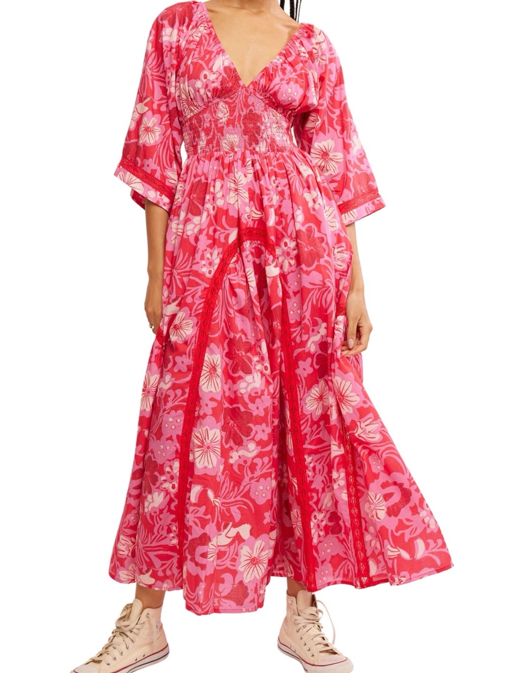 Free People Pink Floral V-Neck Smocked Waist Maxi Dress